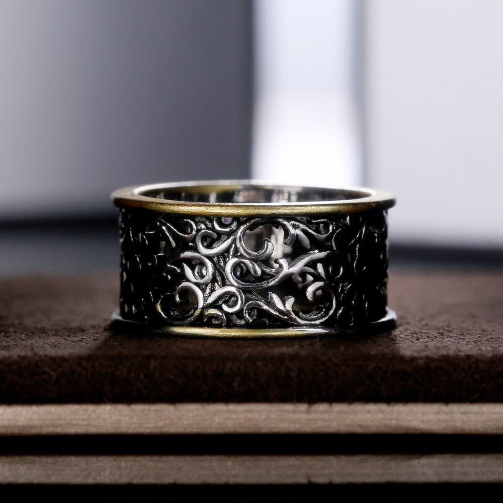 "Beautiful Carved Dainty Double Layer Wide Vintage Ring for Women/Man, PD732 - Picture 4 of 6